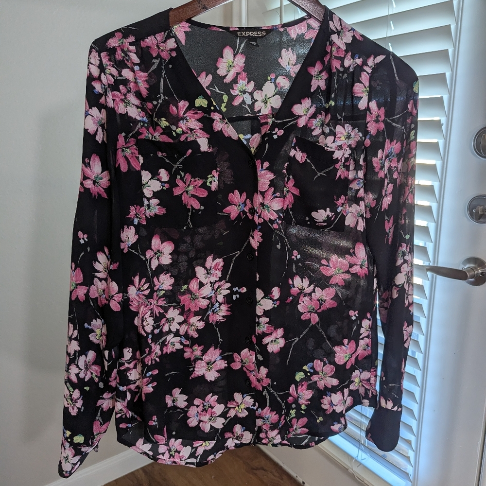 Express Black Blouse with Pink Floral Design Size Small